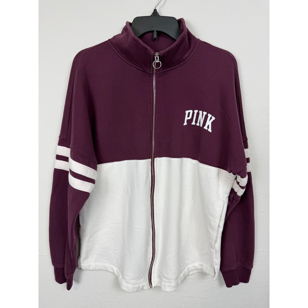 Victoria Secret Pink Cotton Full Zip Sweatshirt S Maroon White Varsity